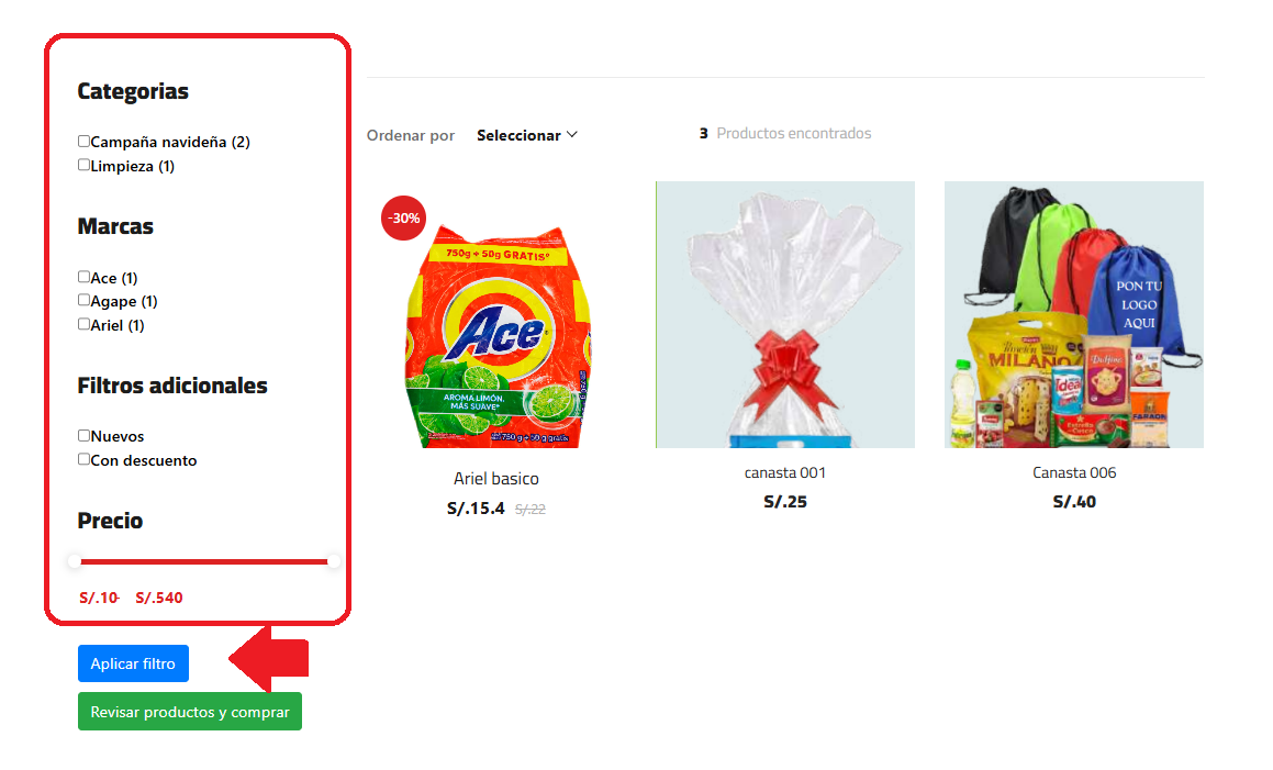 Filtros de productos